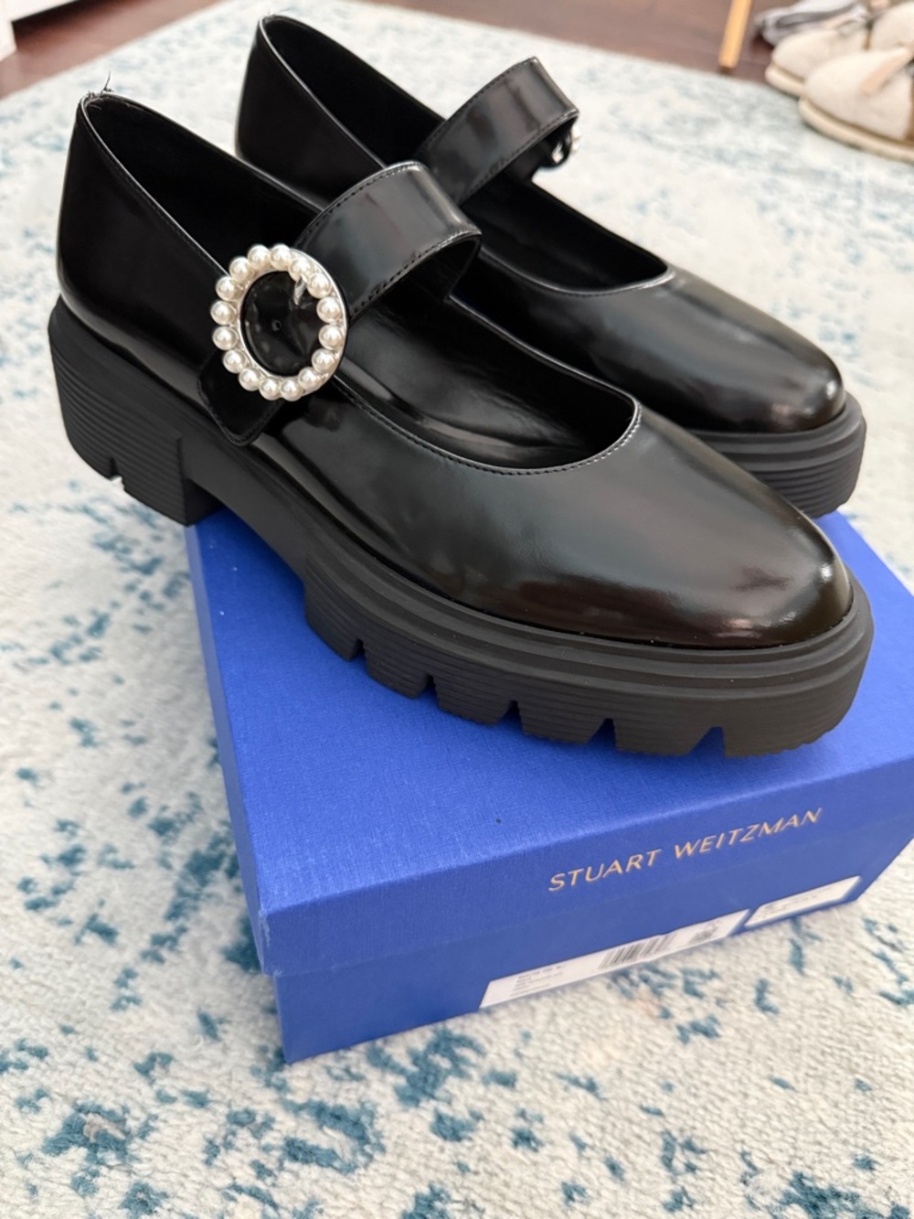 Stuart Weitzman black loafers w/ pearl buckle